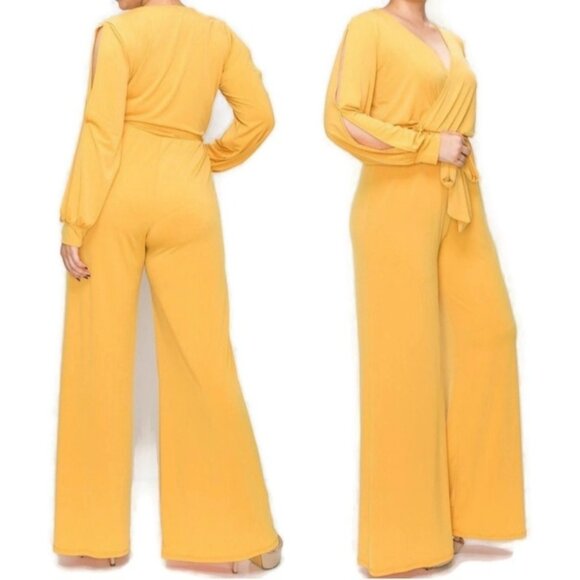 Janette Fashion Mustard Split Long Sleeve Plussize Jumpsuit - Picture 1 of 4
